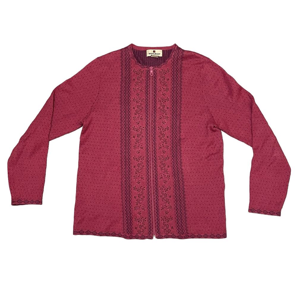 Woolrich Cardigan Ramie Blend Fair Isle Zip Up Dahlia Magenta Pink Size Small